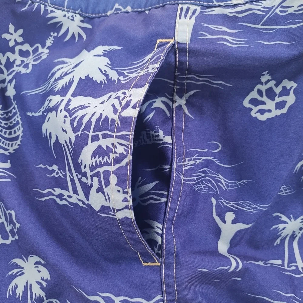 VTG Ralph Lauren Polo Jeans  Board Shorts Mens XL Blue AOP MeshLined Logos Swim